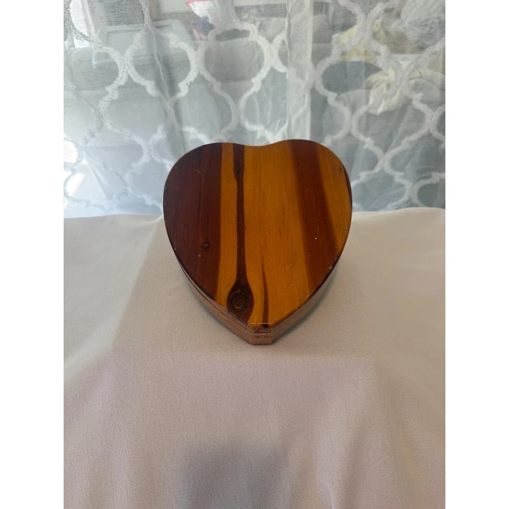 Vintage Heart Shaped Cedar Wood Jewelry Box with Mirror Lined Keepsake Chest